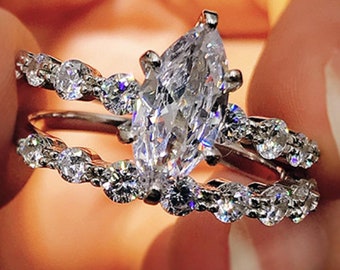 1 Ct Marquise Cut Moissanite Bridal Ring Set in White Gold Half Eternity