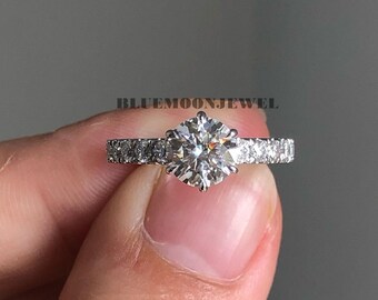 Round Moissanite Solitaire Pave Engagement Ring in Gold or 925 Sterling Silver
