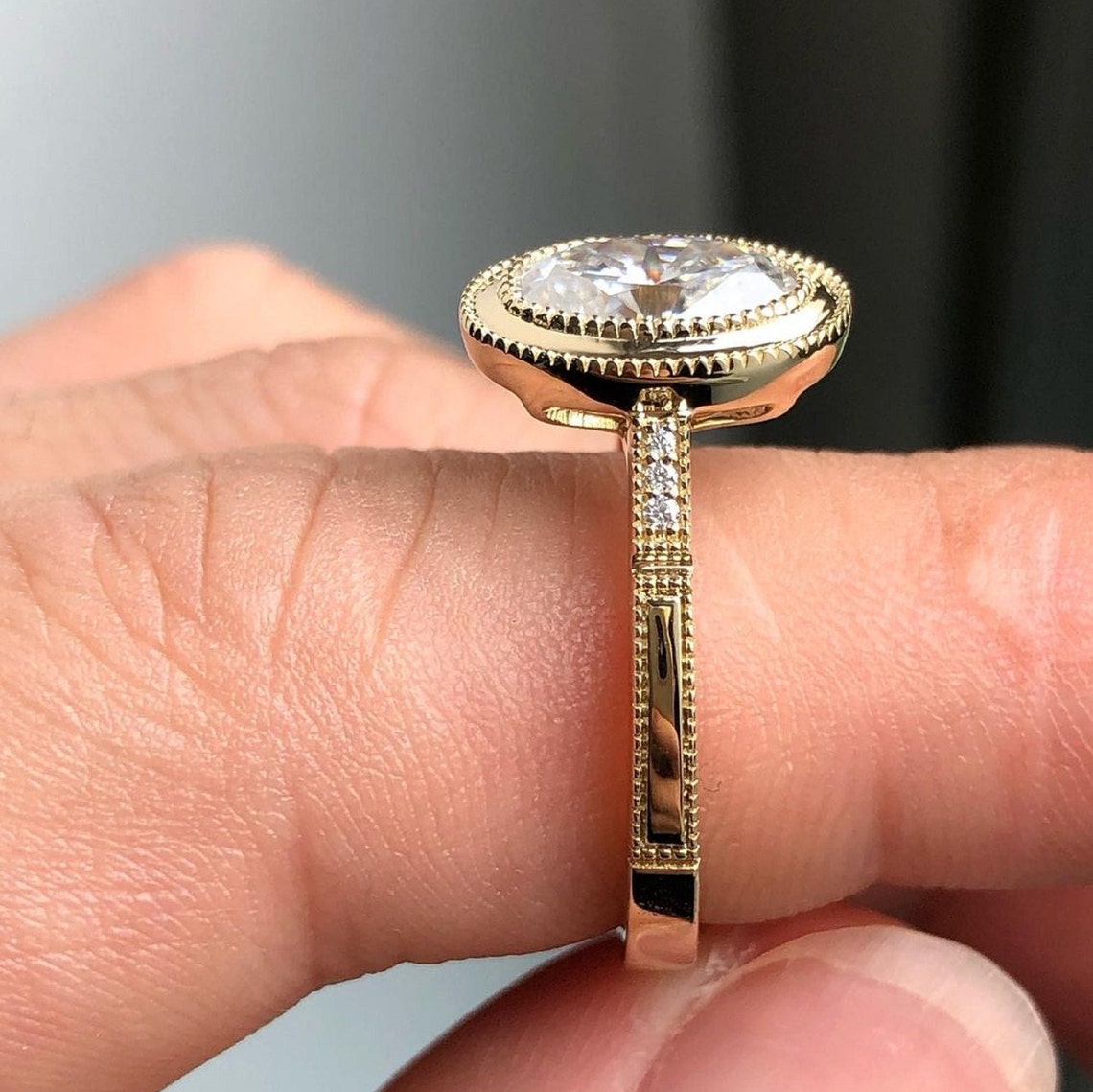 2 Ct Oval Bezel Moissanite Engagement Ring in 14K Yellow Gold - Etsy