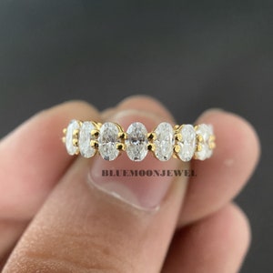 Oval Moissanite Engagement Band Colorless Moissanite Bridal Band Half Eternity Moissanite Band 14K Solid Gold Moissanite Wedding Band