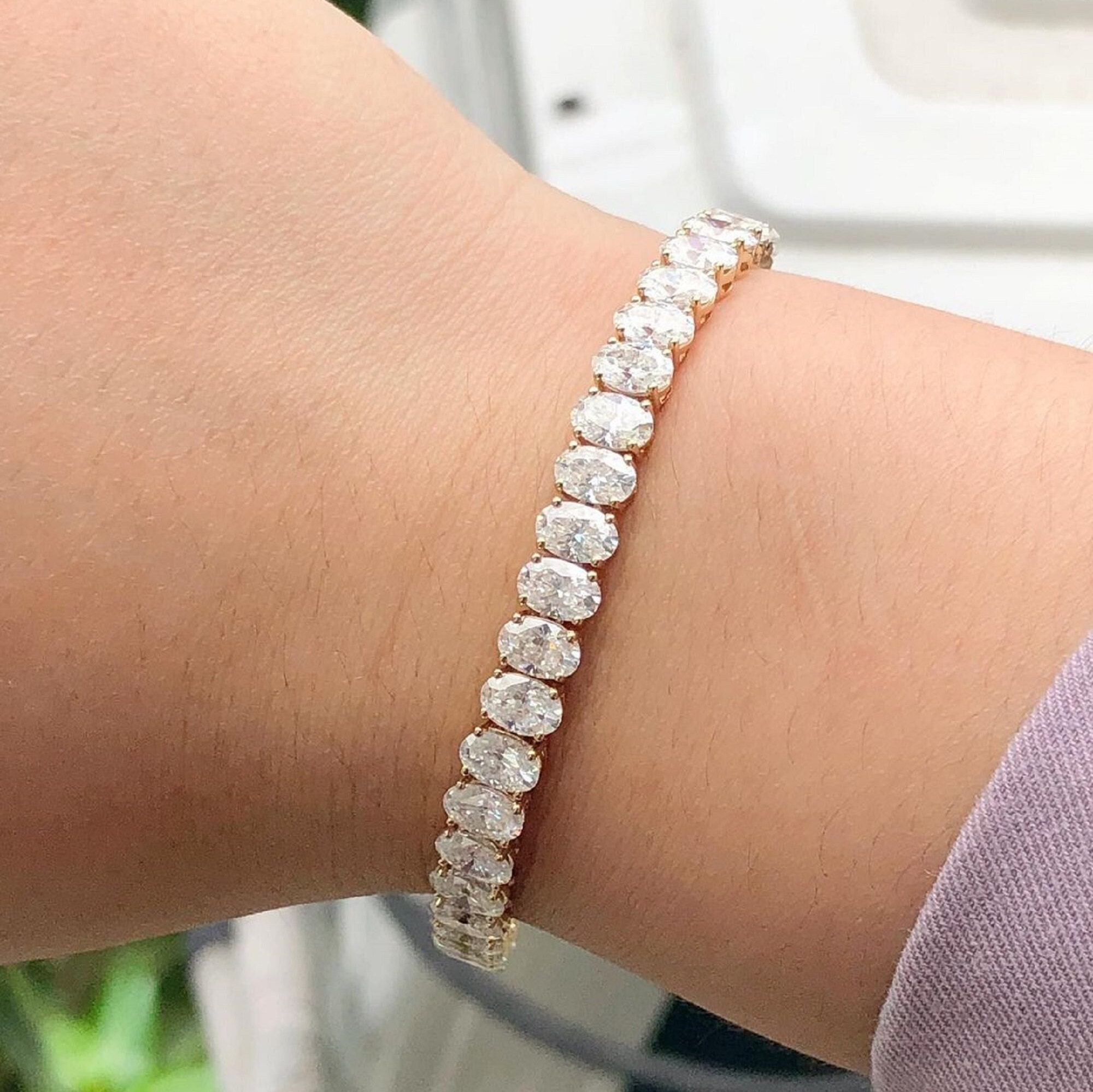 Oval Cut Moissanite Tennis Bracelet, 14K Yellow Gold Classic Tennis Bracelet, Elegant Bridal Wedding Jewelry, Luxury Moissanite Bracelet
