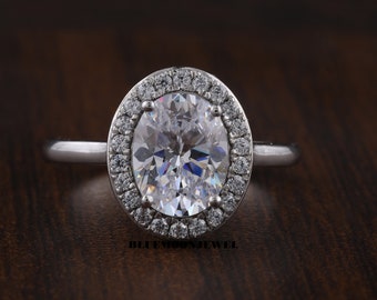 Oval Halo Cubic Zirconia Engagement Ring 925 Sterling Silver CZ Wedding Ring