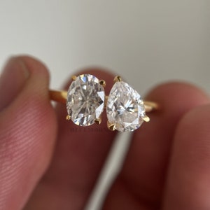 Toi Et Moi Moissanite Ring, Pear Oval Cut Two Stone Engagement Ring, Real 14K Solid Gold Double Stone Ring, Promise Ring for Women