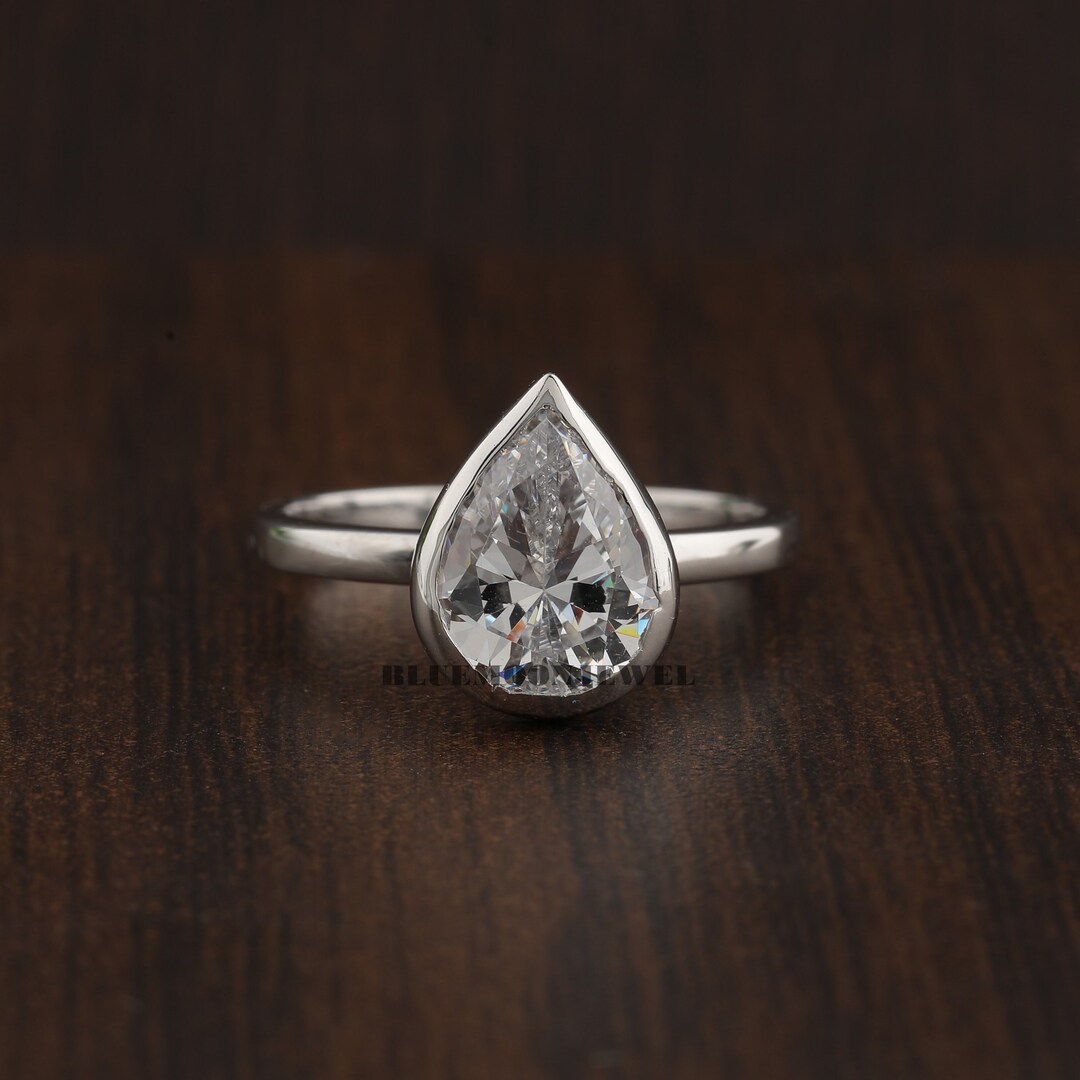 Solitaire Bezel Set Pear Shaped Moissanite Ring White Gold Engagement ...