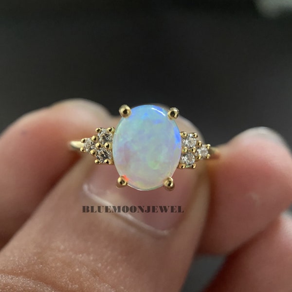 Vintage Opal Engagement Ring Natural Fire Opal Wedding Ring 14k Gold Opal Gemstone Ring Engagement Ring Unique Opal Diamond Ring