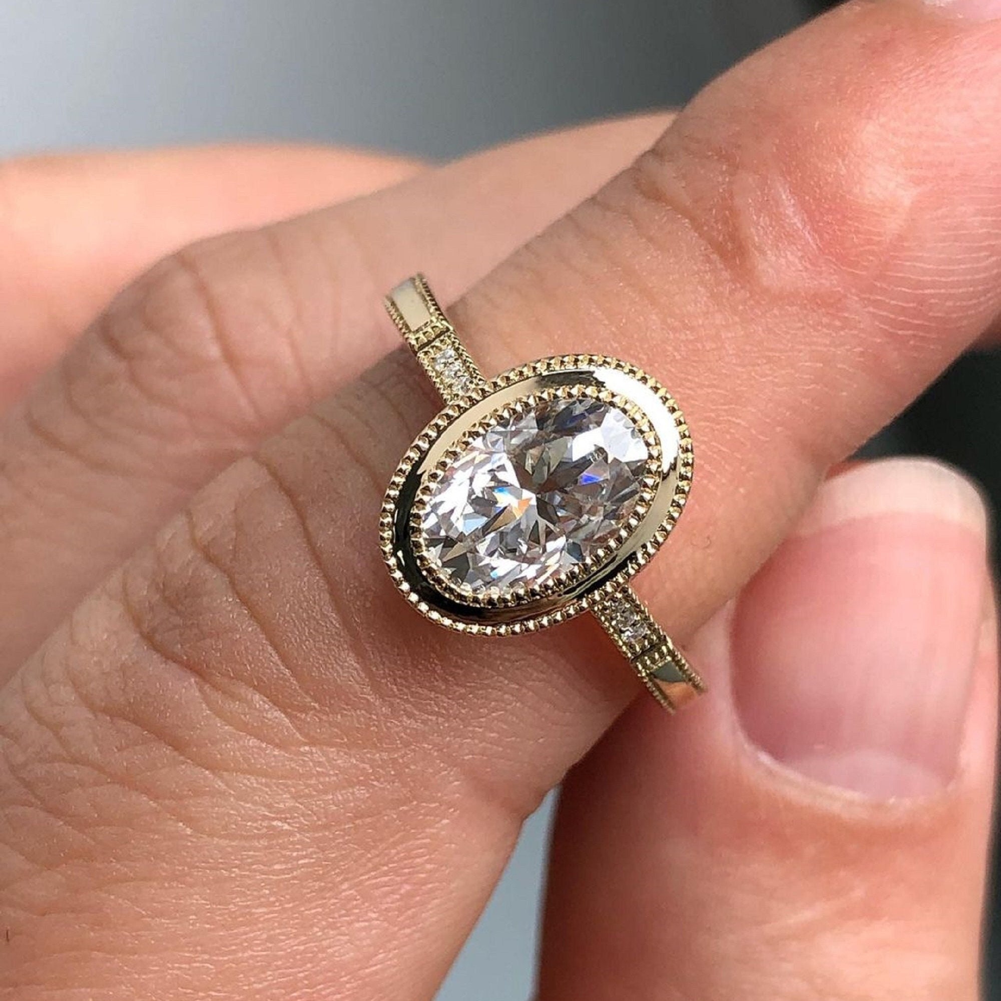 2 Ct Oval Bezel Moissanite Engagement Ring in 14K Yellow Gold - Etsy