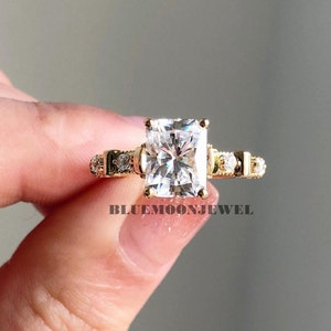 Vintage Art Deco Moissanite Ring, 2Ct Radiant Cut Moissanite Engagement Ring Hidden Halo, 2 Carat Radiant Cut Diamond Ring Yellow Gold