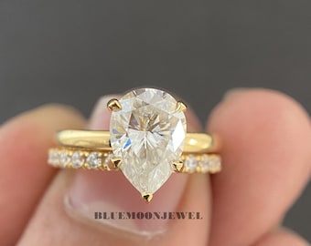 Pear Moissanite Bridal Set, 2.40 Carat Pear Cut Diamond Wedding Ring Set, Solid Yellow Gold Engagement Ring With Matching Band, 3/4 eternity