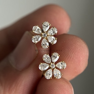 Pear Cut Moissanite Flower Style Earrings For Women, Wedding Earrings for Her, Screw Back Earrings, Anniversary/Birthday Gift for Her