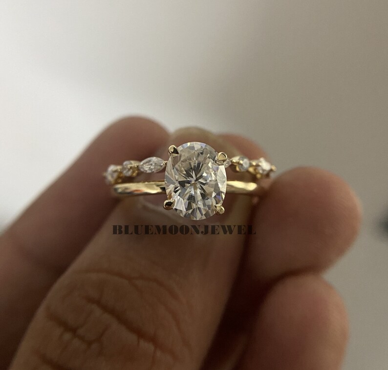 Oval Moissanite Engagement Ring Set in 10K 14K 18K Yellow Gold - Etsy ...
