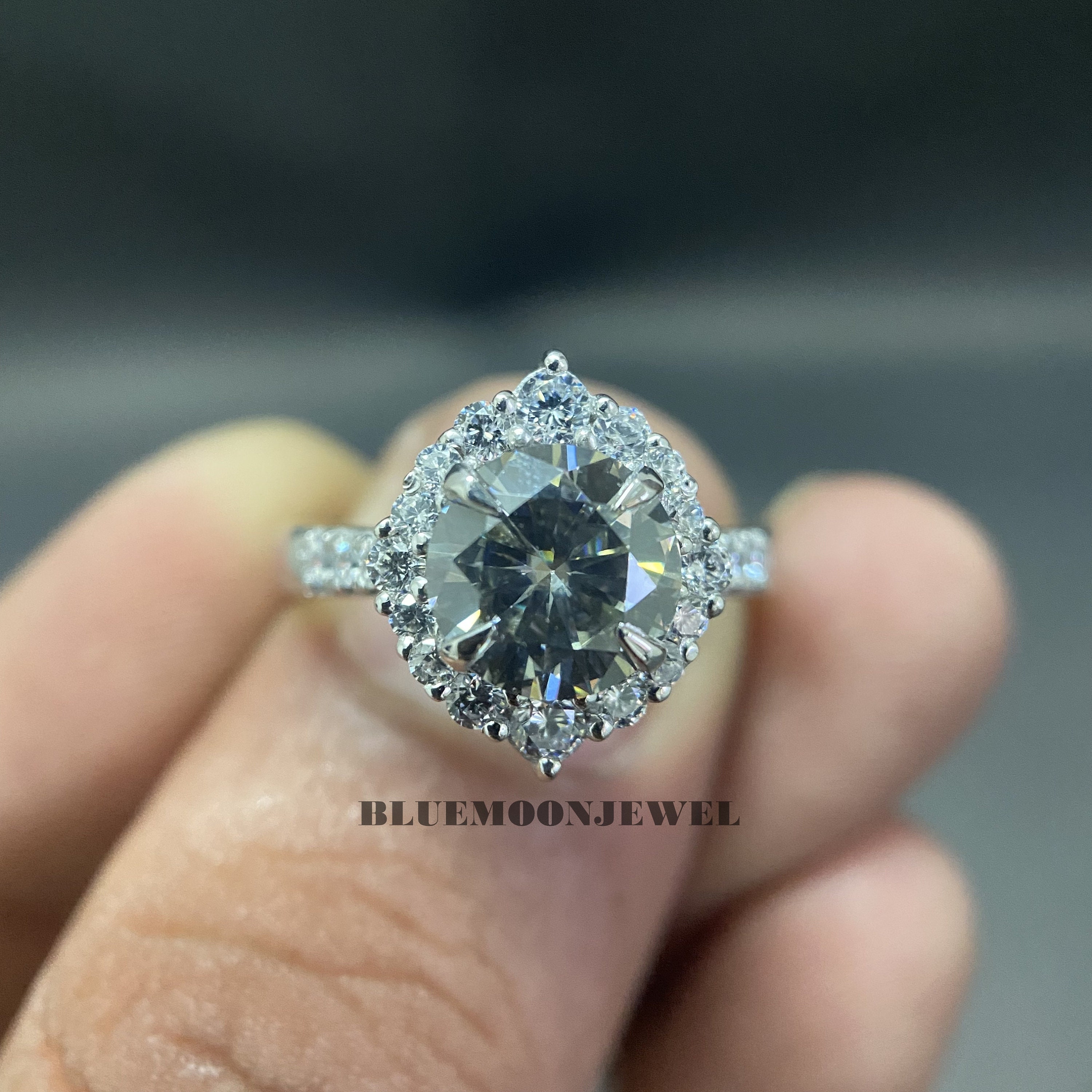 Gray moissanite engagement ring Art deco Round shape halo diamond ring Unique vintage prong set engagement ring promise Anniversary gift