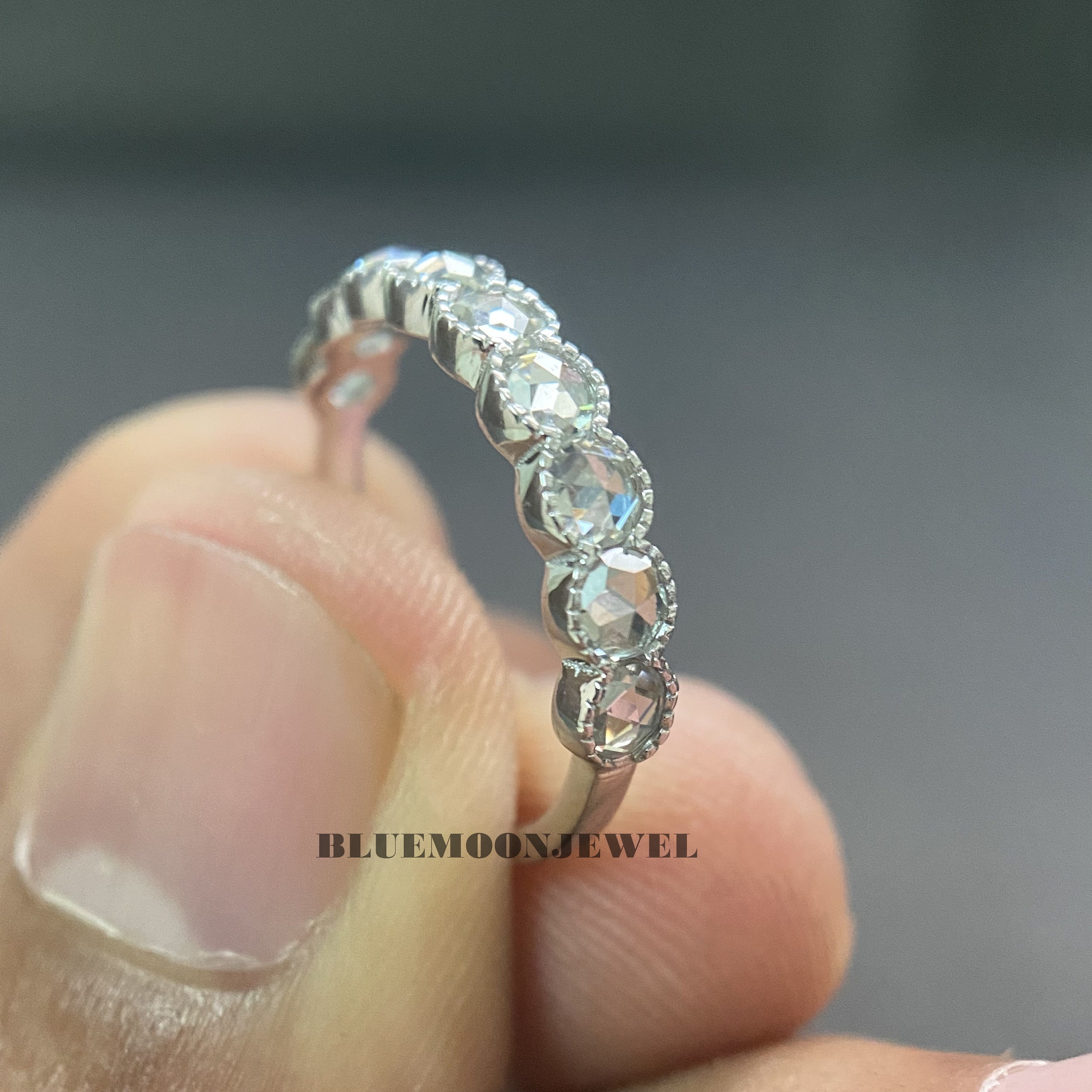 Round Rose Cut Moissanite Half Eternity Wedding Band in 14K Solid Gold ...
