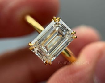 3 Carat Emerald Diamond Ring Solitaire IGI Certified Emerald Cut Lab Grown Diamond Engagement Ring Double Claw Prong Ring Yellow Gold Ring