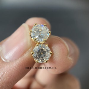 2.00 CT Round OEC Colorless Moissanite Stud Earrings, Yellow Gold Moissanite Earrings, Screw Push Back Wedding Earrings