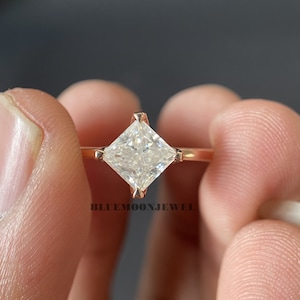 Moissanite Engagement Ring, 1.20CT Princess Cut Solitaire Moissanite Ring, Solid 14k Rose Gold Engagement Ring, Women&#39;s Wedding Ring