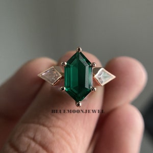 Emerald birthstone jewelry, Emerald engagement ring, Classic solitaire diamond ring, 3 stone ring, Rose gold engagement ring lab created