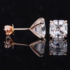 2.00ct Asscher Cut Moissanite Stud Earrings in Screw Back, 18k Rose Gold Stud Earrings For Women, Four Prong Set Asscher Martini Earrings
