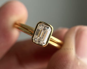 1 Ct Emerald Cut Lab Diamond Engagement Ring Set IGI E/F VS Yellow Gold