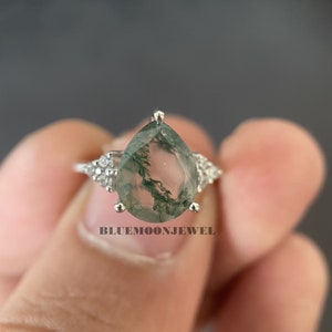 Pear Moss agate Engagement Ring, Art Deco White Gold Unique Wedding Bridal Ring, Aquatic Green Agate Anniversary Ring