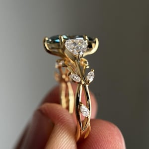 Vintage Art Deco Style Moissanite Ring, Blue Green Marquise Cut Moissanite Engagement Ring, Solid Yellow Gold Wedding Bridal Ring