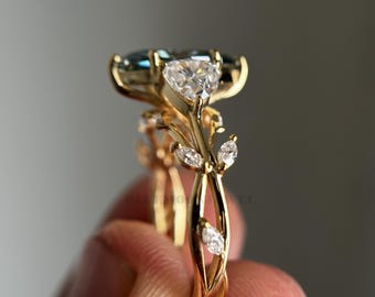 Vintage Art Deco Style Moissanite Ring, Blue Green Marquise Cut Moissanite Engagement Ring, Solid Yellow Gold Wedding Bridal Ring