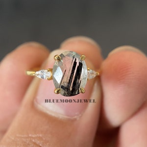 Black Rutilated Quartz Engagement Ring, 2.35Ct Black Rutilated Quartz Wedding Ring, Oval Cut Birthstone Gemstone Yellow Gold Ring