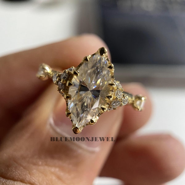 Vintage moissanite engagement ring, 14k yellow gold diamond Art deco wedding ring, marquise diamond engagement ring anniversary promise