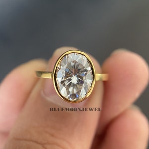 2CT Oval Cut Moissanite Engagement Ring, Bezel Set Moissanite Solitaire Ring, Promise Anniversary Ring For Women, Yellow Gold Wedding Ring