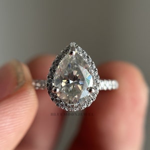 Gray Pear Cut Moissanite Ring Solitaire Round Accent Pear Shaped Halo Engagement Ring White Gold Wedding Ring