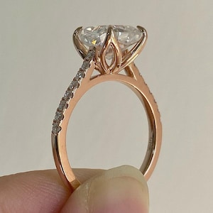 Elongated Cushion Moissanite Engagement Ring, Rose Gold Engagement Ring, Round Accented Solitaire Ring
