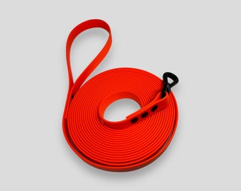 Bright waterproof longline neon orange dog lead with fixed handle, comfortable leash training easy clean, scent work, recall, long line