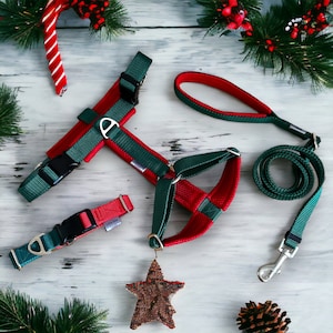 Custom Christmas Dog Harness, Leash & Collar Set