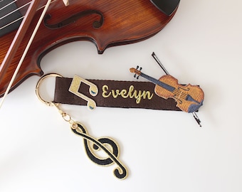 Personalized Violin Embroidery Keychain, Custom Name Tag, Teacher Gift