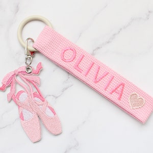 Personalized Name Tag, Pink Personalized Embroidery Name tag, Bag Tag, Key chain, Custom key ring, School bag name tag, Personalized Gift + BALLET SHOES