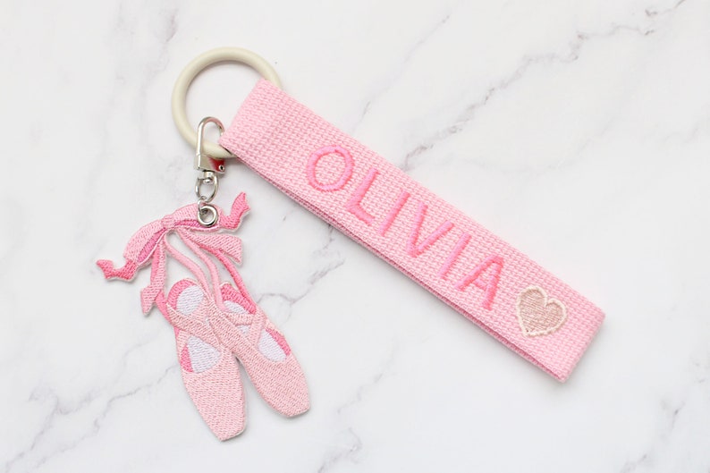 Personalized Name Tag, Pink Personalized Embroidery Name tag, Bag Tag, Key chain, Custom key ring, School bag name tag, Personalized Gift + BALLET SHOES