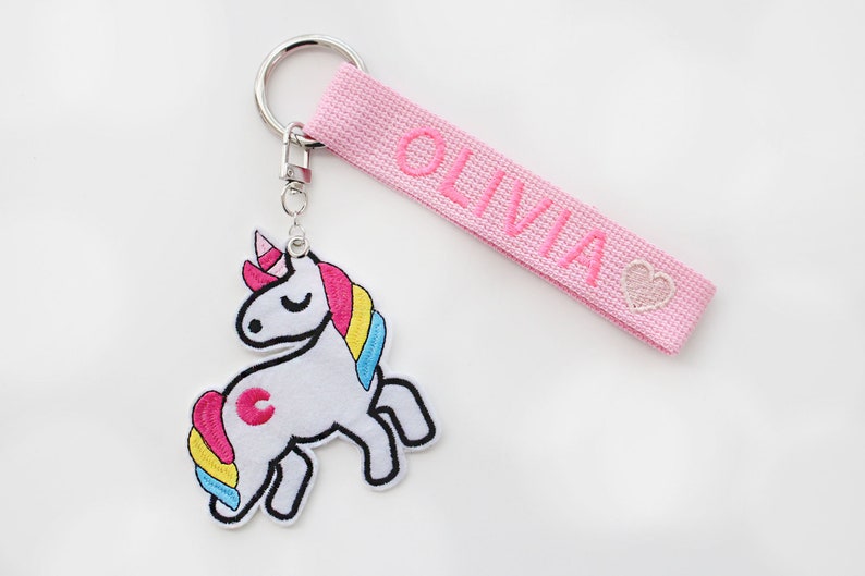 Personalized Name Tag, Pink Personalized Embroidery Name tag, Bag Tag, Key chain, Custom key ring, School bag name tag, Personalized Gift + UNICORN