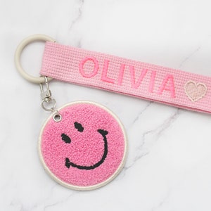 Personalized Name Tag, Pink Personalized Embroidery Name tag, Bag Tag, Key chain, Custom key ring, School bag name tag, Personalized Gift + SMILE FACE