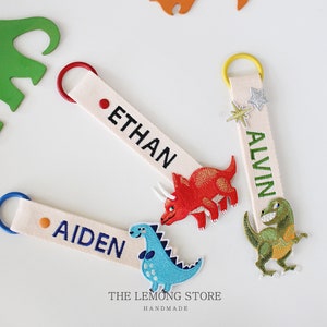 Personalized Name Tag, Dinosaur Personalized Embroidery Name tag, Boys name tag, Key chain, Custom key ring, School bag name tag