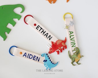 Personalized Name Tag, Dinosaur Personalized Embroidery Name tag, Boys name tag, Key chain, Custom key ring, School bag name tag