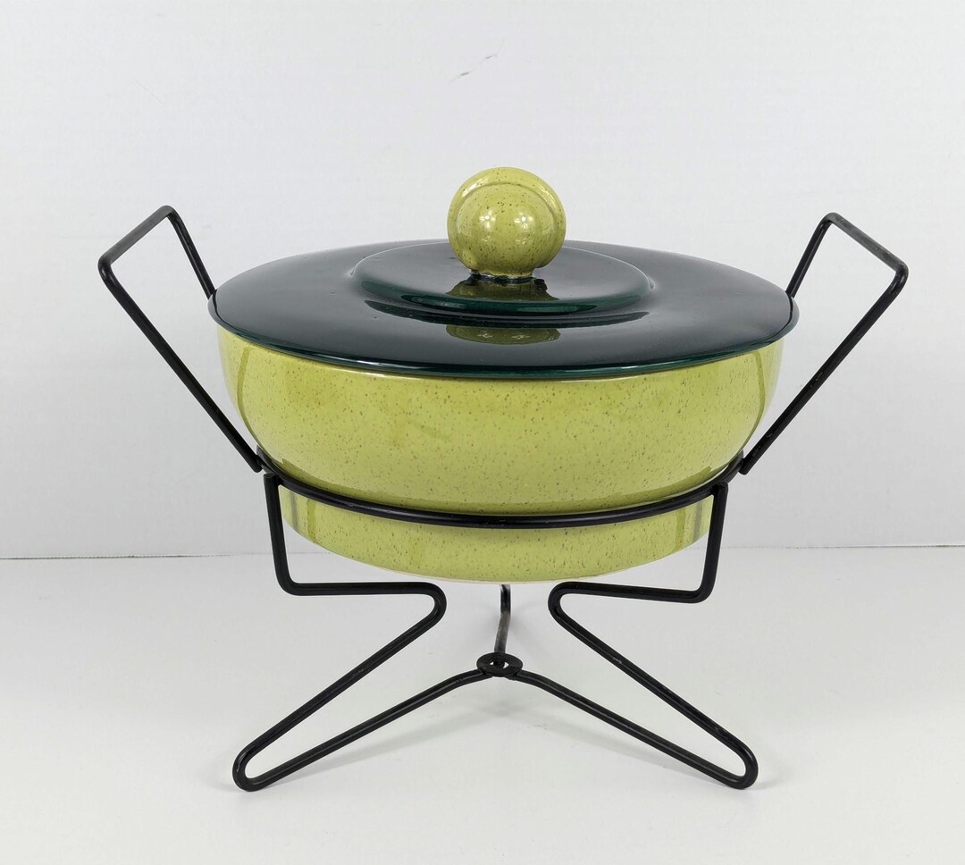 Vintage MCM Pottery Casserole Dish With Tri-leg Stand – Space Age Lime ...