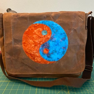 Waxed canvas Messenger Bag, briefcase, crossbody bag, yin yang quilted fiber art design, for men and women,