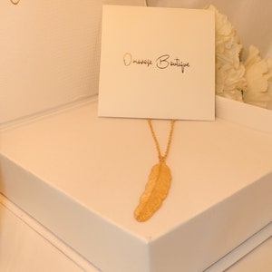Gold large feather pendant necklace, angel feather necklace, statement womens necklace, costume jewelry, gift for her pretty unique necklace
