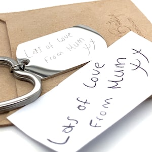 Gepersonaliseerde sleutelhanger met handschrift gegraveerd, echt handschrift, aangepast bericht, stalen sleutelhanger, handtekeningsleutelhanger, zilver gegraveerd cadeau