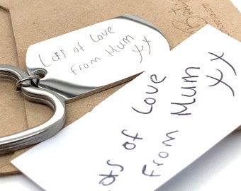 Personalised Key Ring with handwriting engraved, Actual Handwriting Custom Message Steel Key Chain, Signature Keyring, Silver Engraved Gift