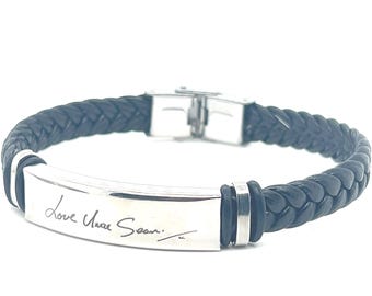 Personalized Leather Handwriting Bracelet – Custom Engraved Bracelet for Men and Women, Stainless Steel Inscription Bracelet