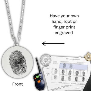 Stainless Steel Engraved Finger Print Necklace – Personalized Child’s Hand, Foot, or Fingerprint Keepsake Love Photo Gifts, In Loving Memory
