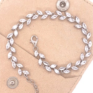 925 Sterling Silver Leaf Bracelet, Decorated with CZ  Diamonds • Nature Bracelet • Petals Tennis Bracelet • Thick Diamond Bracelet For Her