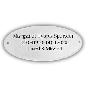 Memorial Bench Plaques in stainless steel, oval bench plaque, bereavement gift, memory bench, engraved plaques, personalised funeral gift