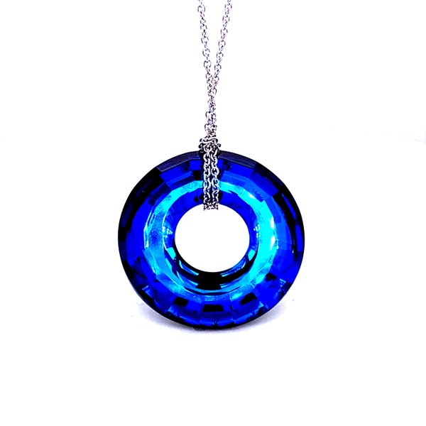 Omorose Boutique Collar de Cristal Aqua Azul Profundo Collar de Círculo de Plata de Ley 925 Decorado con Fino Cristal Austriaco. con sello