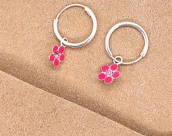 925 sterlingzilveren oorringen met roze bloem • Verjaardagsoorbellen meisjes • Bloemenoorbellen peuter • Sierlijke natuuroorbellen • Cadeaus voor kinderen